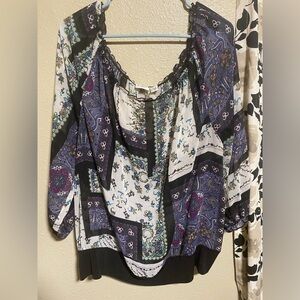Cato Patchwork Peasant Blouse in Purple, Black & White